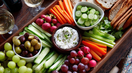 Top view of a colorful veggie platter arranged for a summer picnicの素材