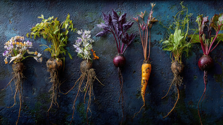 Variety of fresh herbs with root vegetables on a dark textured backdropの素材
