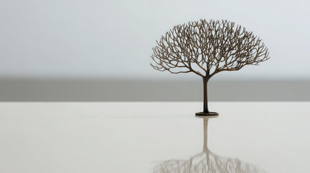 Tiny D-printed tree shape standing on a reflective white surfaceの素材