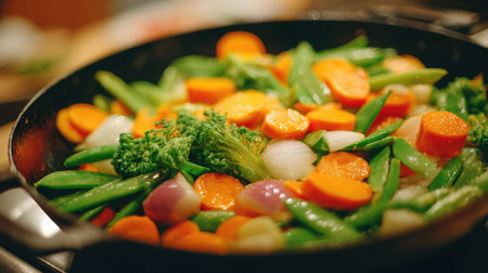 Stir-fry mix of sliced vegetables tossed in a large pan ready to cookの素材