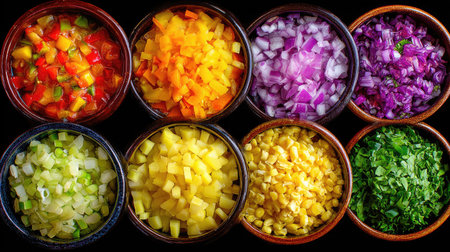 Top-down view of colorful soup ingredients with chopped vegetables and herbsの素材