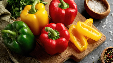 Whole and sliced bell peppers in red, yellow, and green placed in a creative flat layの素材