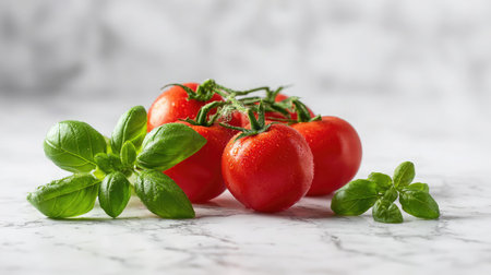 Tomatoes on the vine placed beside basil leaves on a white marble backgroundの素材