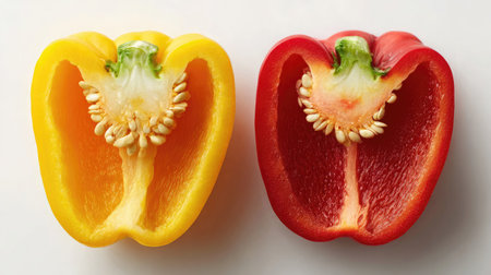 Yellow and red bell peppers sliced in half revealing inner seeds on whiteの素材
