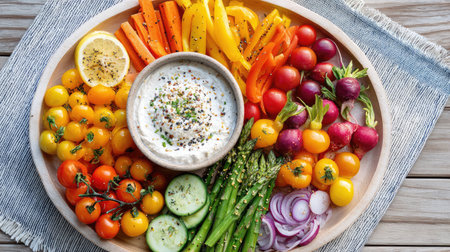 Top view of a colorful veggie platter arranged for a summer picnicの素材