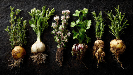 Variety of fresh herbs with root vegetables on a dark textured backdropの素材