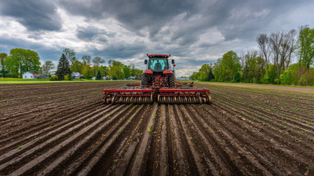 Wide-angle shot of mechanized corn planting in spring with freshly tilled rowsの素材