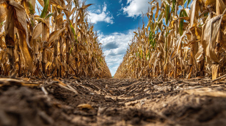 Tall mature corn stalks with dry brown husks indicating harvest season is nearの素材