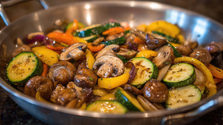 Stir-fry mix of sliced vegetables tossed in a large pan ready to cookの素材