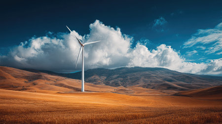 Windmill standing tall next to golden cornfields under a rural blue skyの素材