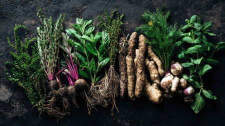 Variety of fresh herbs with root vegetables on a dark textured backdropの素材