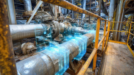 Augmented reality interface showing overlays on real industrial equipment and pipelinesの素材