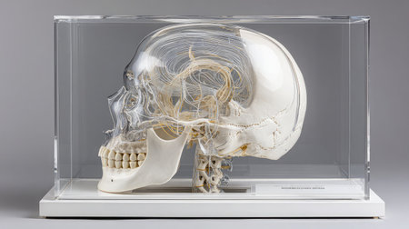 Artistic anatomical cut-through of the skull showing the sphenoid bone and its articulationsの素材