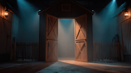 Classic film set spotlight facing forward with barn doors open and light beam extendedの素材