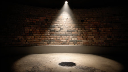 Beam from spotlight highlighting circular space on brick wall in dim roomの素材