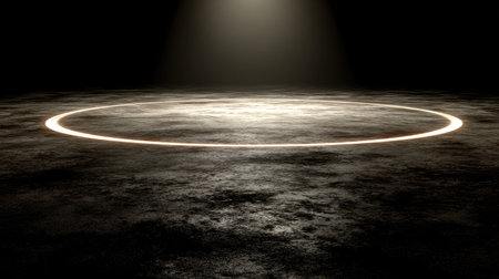 Bright spotlight on textured concrete floor, creating a strong circular glowの素材
