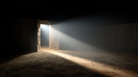 Classic film set spotlight facing forward with barn doors open and light beam extendedの素材