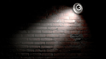 Beam from spotlight highlighting circular space on brick wall in dim roomの素材