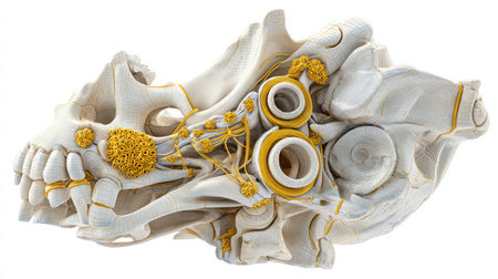 Detailed anatomical diagram of the sphenoid joint with labeled parts, softly lit and isolated on a white backgroundの素材
