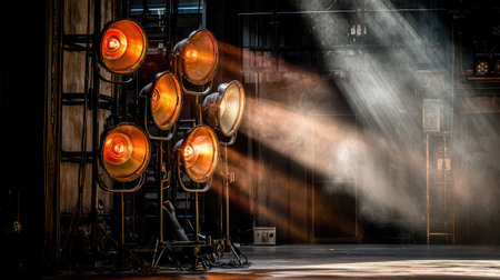 Backstage spotlight equipment emitting warm glow with dramatic lighting effectの素材