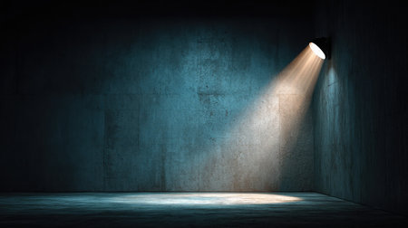 High-contrast spotlight illuminating part of concrete floor with dramatic fadeの素材