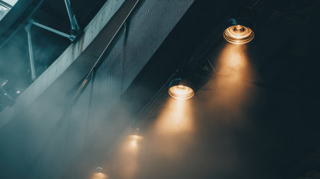 Industrial scene with overhead spotlights angled at machinery in shadowsの素材