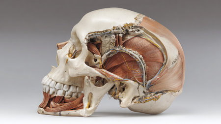 Lateral view of human skull showing detailed sphenoid joint anatomy with surrounding bone structuresの素材