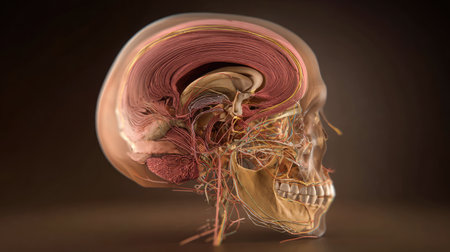 Cutaway anatomical diagram of cranial bones focused on the sphenoid region, bathed in gentle lightの素材