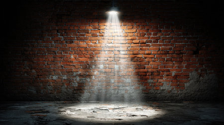 Beam from spotlight highlighting circular space on brick wall in dim roomの素材