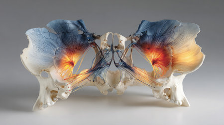 Full-color diagram of the skull's base emphasizing sphenoid bone connections under diffused lightの素材