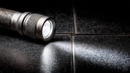 LED spotlight casting a clean, bright light on glossy black floor surfaceの素材