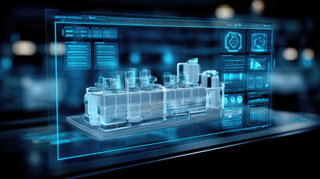 Digital twin model of a manufacturing plant shown on a large touchscreen interfaceの素材