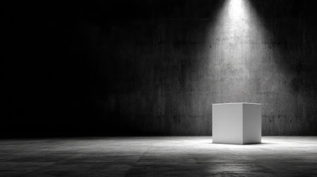 Single isolated spotlight above glossy white cube on black stageの素材