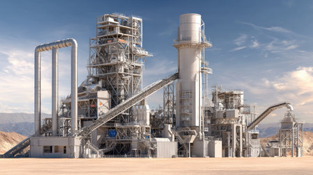 Large-scale industrial plant with steel structures, conveyor systems, and smart technologiesの素材