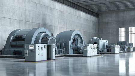 Industrial power plant interior with turbines, control panels, and monitoring devicesの素材