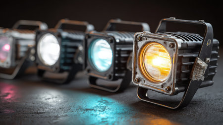 Flat lay of spotlight fixtures placed on dark surface with one light turned onの素材
