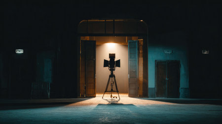 Classic film set spotlight facing forward with barn doors open and light beam extendedの素材