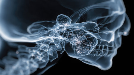 Fine anatomical sketch with layered transparency showing the sphenoid joint in focus, softly litの素材