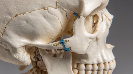Precise anatomical overlay showing the connection of the sphenoid joint to nearby cranial landmarksの素材