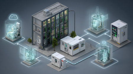 Smart manufacturing hub featuring cloud-connected machinery and digital interfacesの素材