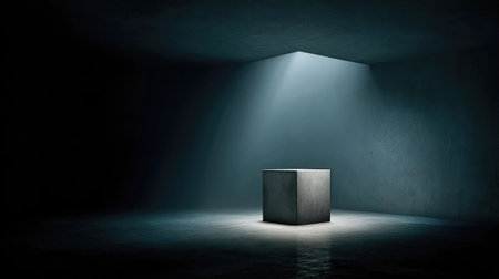 Minimalist scene with single spotlight on concrete cube in dark studioの素材