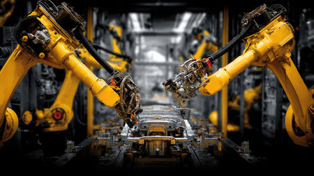 Robotic arms assembling parts on a production line in a clean, advanced industrial settingの素材