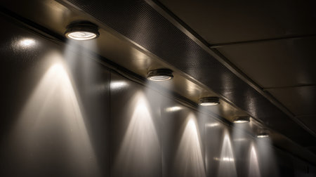 Row of overhead spotlights casting parallel beams in a dark corridorの素材