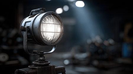 Industrial spotlight fixture turned on, mounted on a stand in a dimly lit environmentの素材