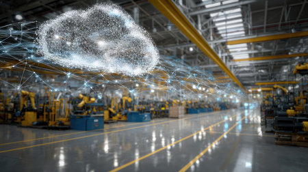 Smart manufacturing hub featuring cloud-connected machinery and digital interfacesの素材