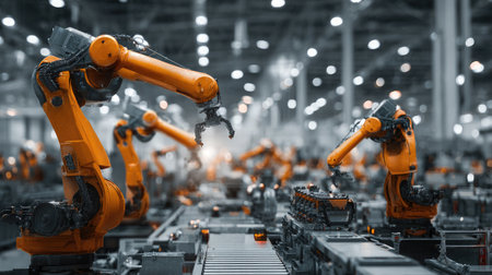 Robotics and AI-based automation working in sync inside a high-tech manufacturing facilityの素材