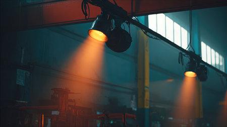 Industrial scene with overhead spotlights angled at machinery in shadowsの素材