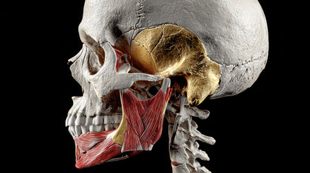 Lateral view of human skull showing detailed sphenoid joint anatomy with surrounding bone structuresの素材