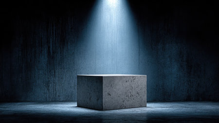 Minimalist scene with single spotlight on concrete cube in dark studioの素材