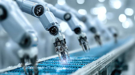 Robotic arms assembling parts on a production line in a clean, advanced industrial settingの素材